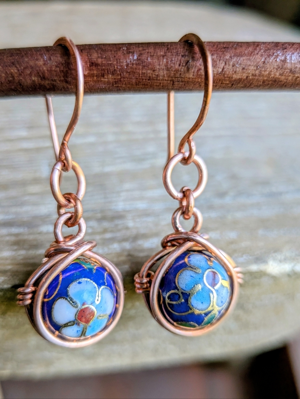 Copper Wrapped Cloisonne Earrings- Colorful Flower Blossom Details - Picture 2 of 12